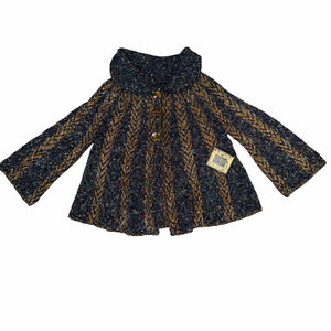 Anthropologie Curio Navy Gold Knit Poncho Sweater L Fall Cape Chunky knit